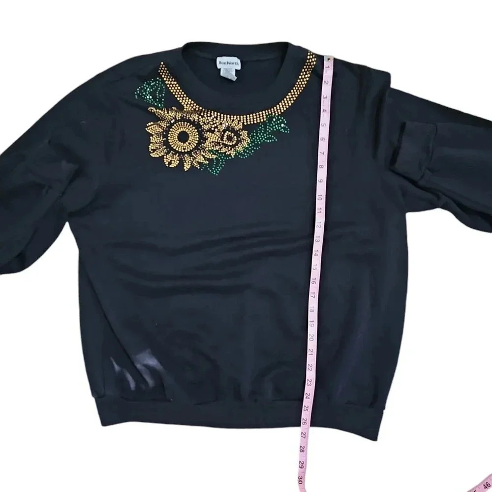 BonWorth Women’s L Black Sunflower Rhinestone Sweatshirt Retro Cottagecore Layer - Picture 7 of 7